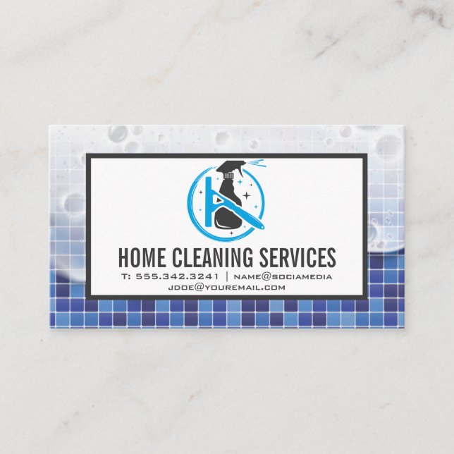 Spray Bottle | Squeegee | Soap and Bathroom Tiles Business Card (Front)