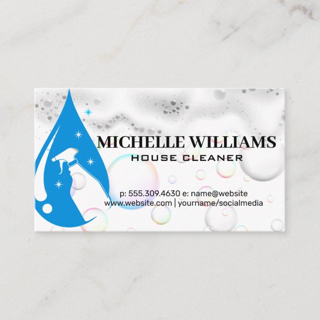 Spray Bottle Water Drop Logo | Soap Bubbles Business Card (Front)