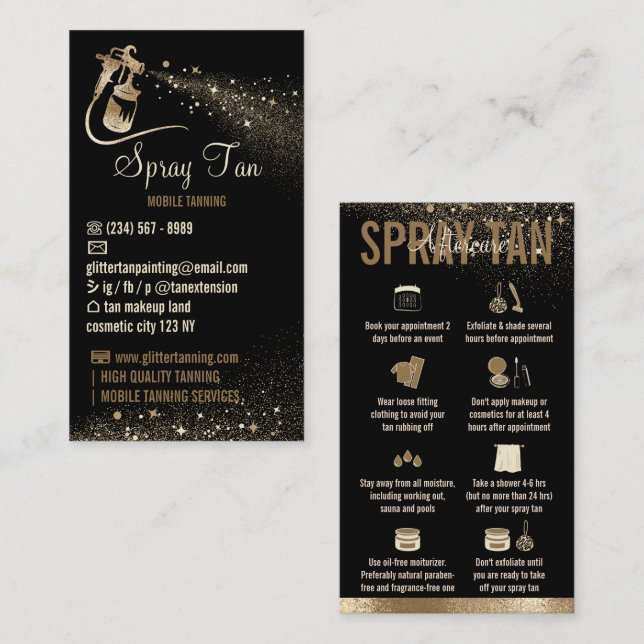 Spray Tan Aftercare Instructions Sparkle Gold Business Card (Front/Back)
