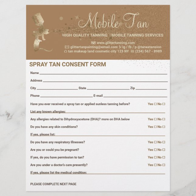 Spray Tan Business Plan Brown Consent Waiver Form Flyer (Front)