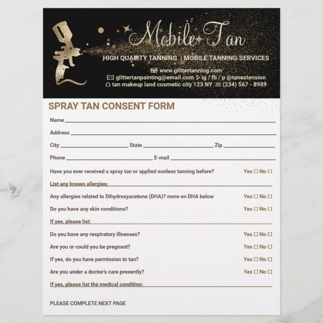 Spray Tan Business Plan Consent Waiver Form Flyer (Front)