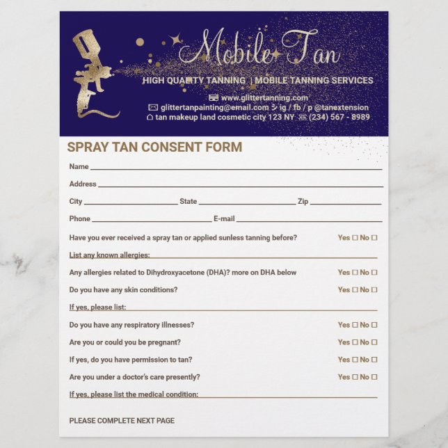 Spray Tan Business Plan Consent Waiver Form navy Flyer (Front)