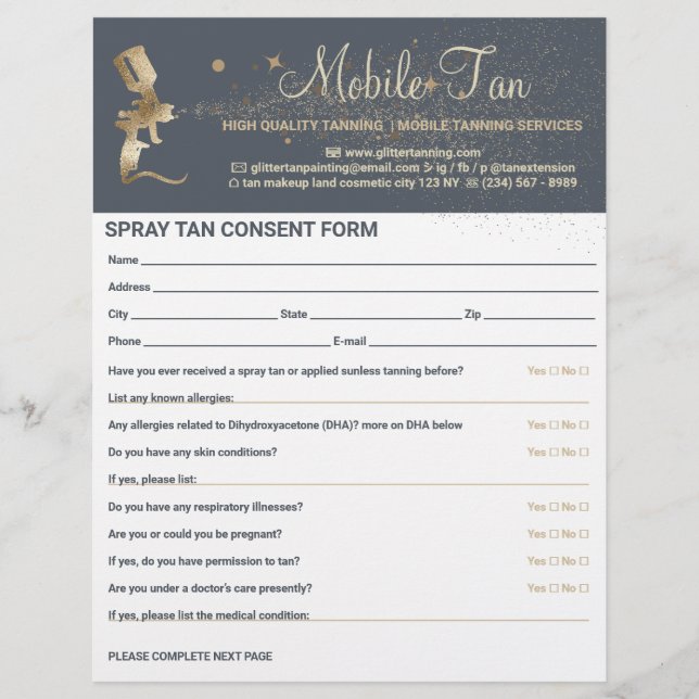 Spray Tan Business Plan Navy Consent Waiver Form Flyer (Front)