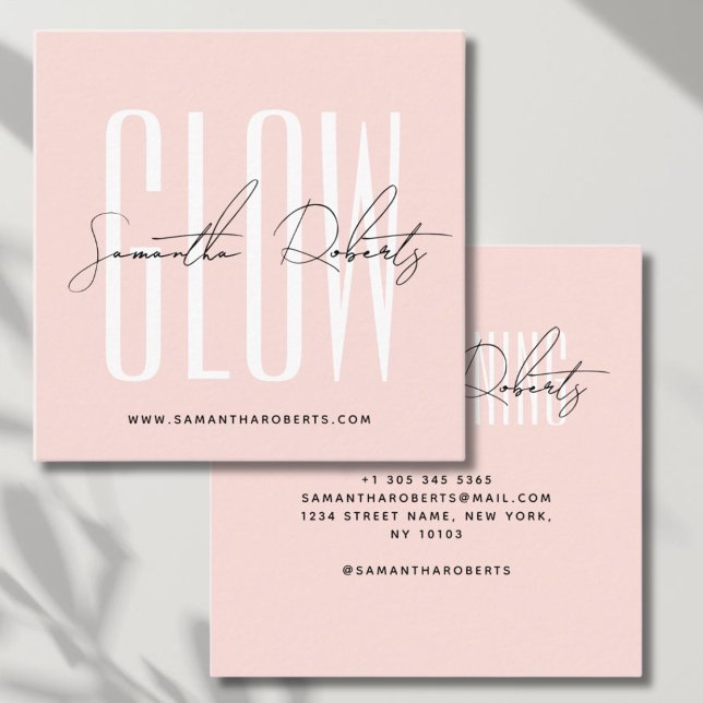 Spray tan glow modern typography script blush pink square business card (Creator Uploaded)