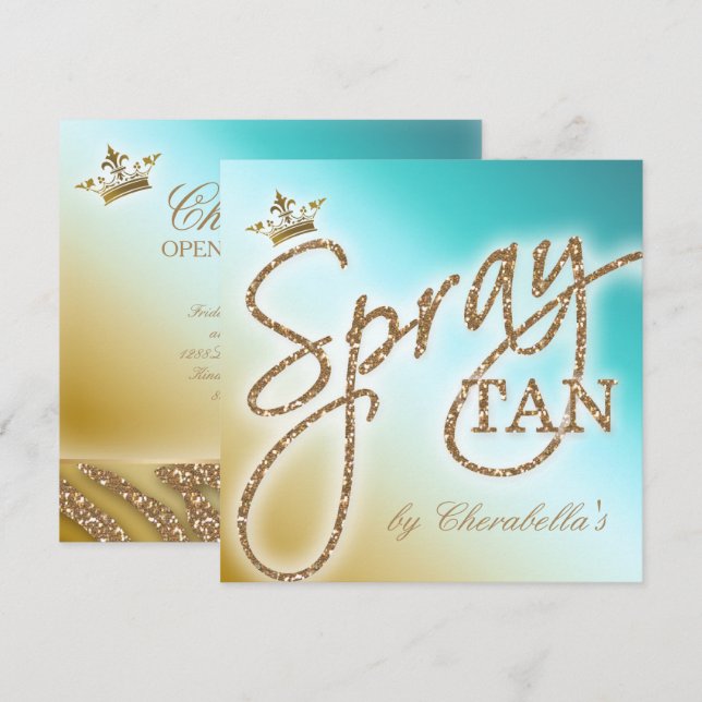 Spray Tan Gold Glitter Crown Salon Invitation (Front/Back)
