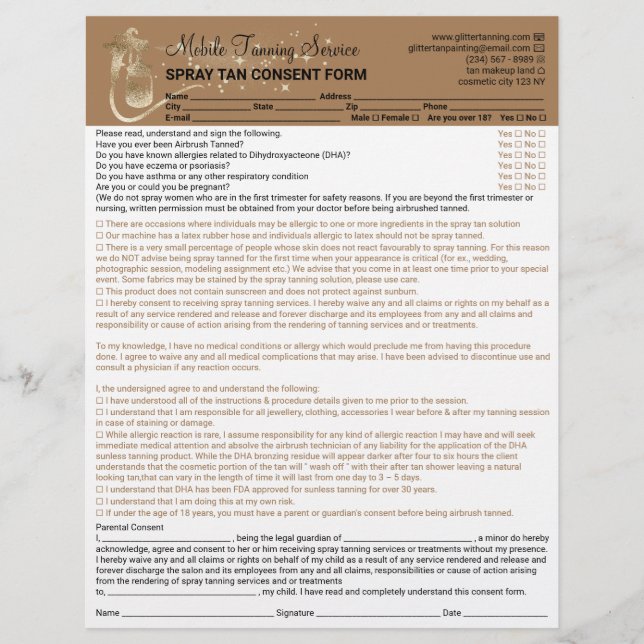 Spray Tan Liability Consent Waiver Form Flyer (Front)