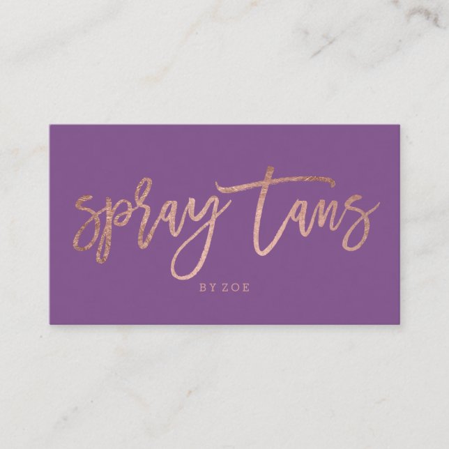 Spray tan logo elegant rose gold typography purple business card (Front)