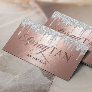 Spray Tan Modern Silver Drips Rose Gold Tanning Business Card