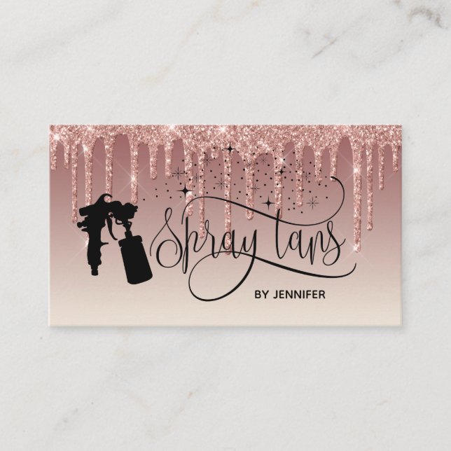 Spray tan script dripping glitter gold business card (Front)