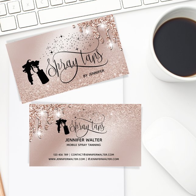 Spray tan script glitter gold drips business card (Creator Uploaded)