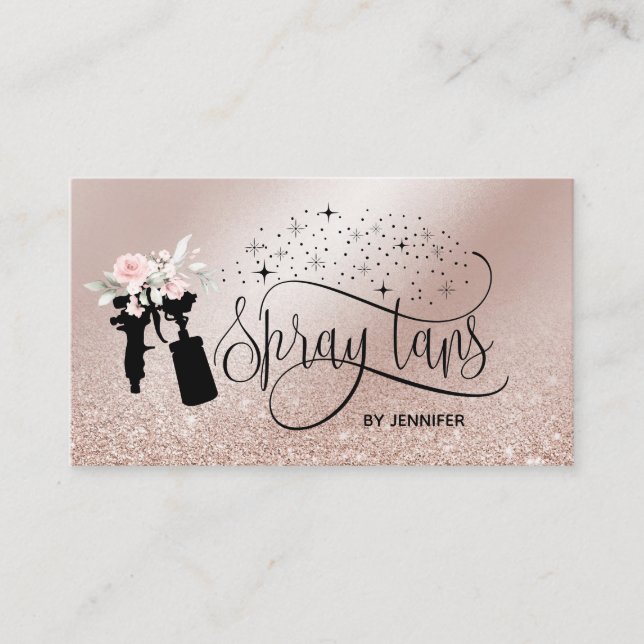 Spray tan script glitter gold floral business card (Front)