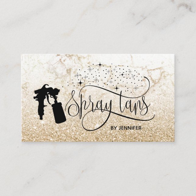 Spray tan script glitter gold marble texture business card (Front)