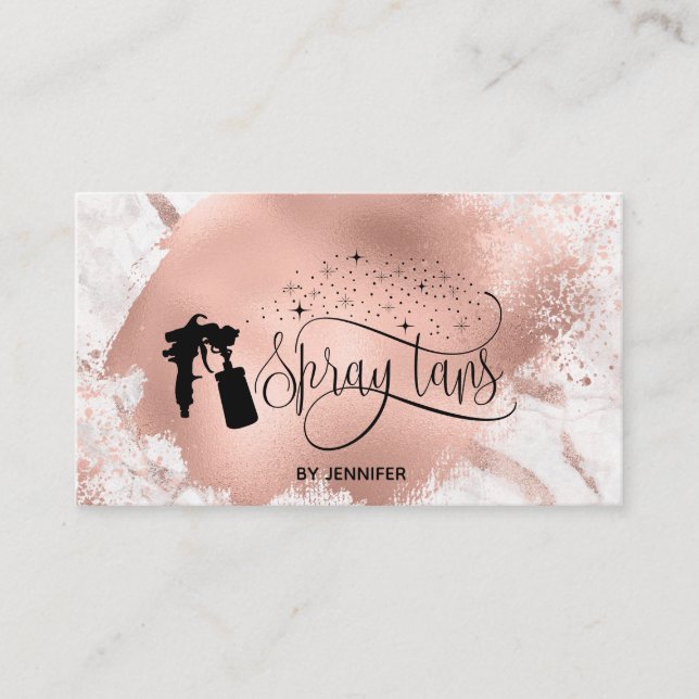 Spray tan script glitter rose gold splash marble business card (Front)
