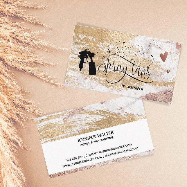 Spray tan script gold glitter brush stroke hearts business card (Creator Uploaded)