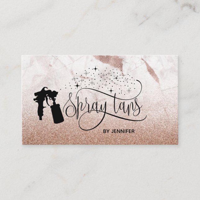 Spray tan script rose gold marble texture business card (Front)