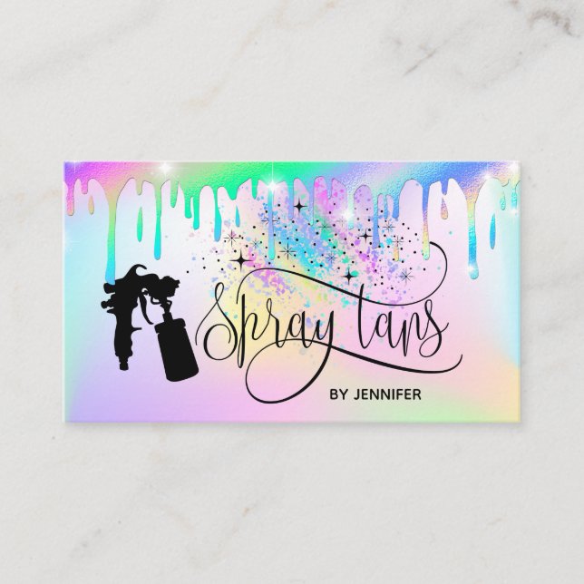 Spray tan unicorn holograph rainbow glitter drips business card (Front)