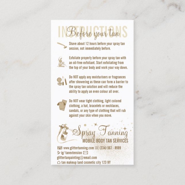 Spray Tanning Before After Care Guide Instruction Business Card (Front)