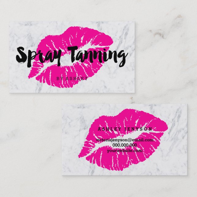 Spray tanning lips neon pink typography marble business card (Front/Back)