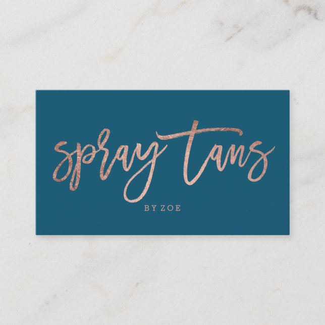 Spray tans logo elegant rose gold typography blue business card (Front)