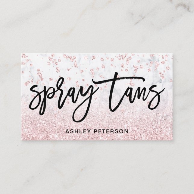 Spray tans rose gold glitter marble confetti business card (Front)