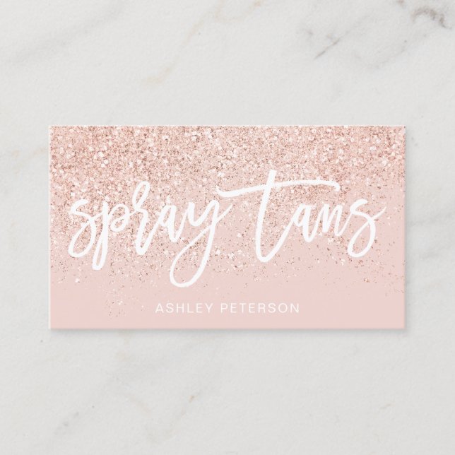 Spray tans script rose gold glitter blush pink business card (Front)