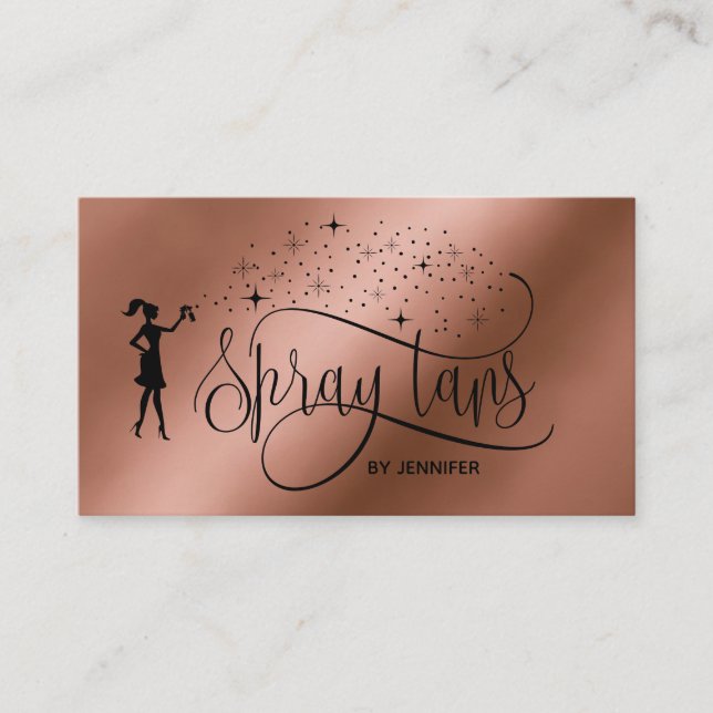 Spray tans script rose gold glitter copper business card (Front)