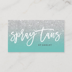 Spray tans typography silver glitter light teal business card