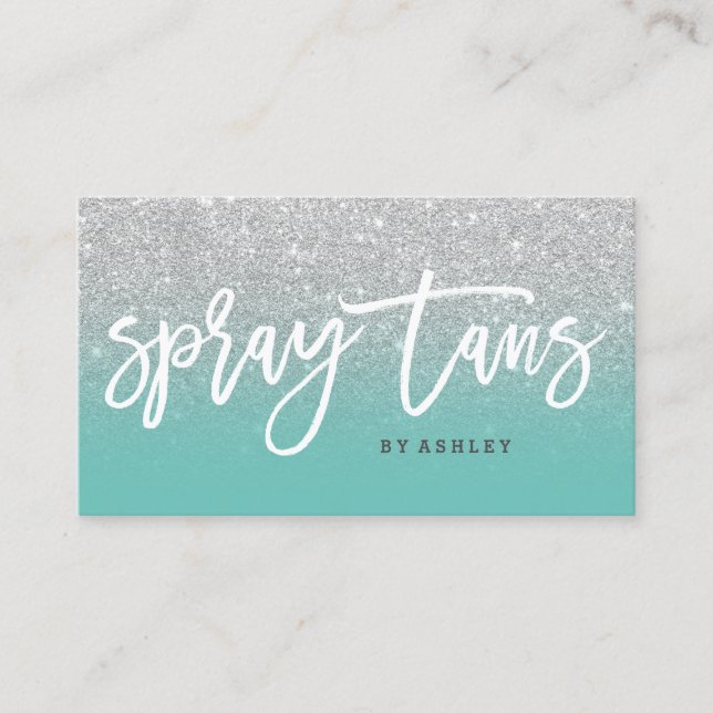 Spray tans typography silver glitter light teal business card (Front)
