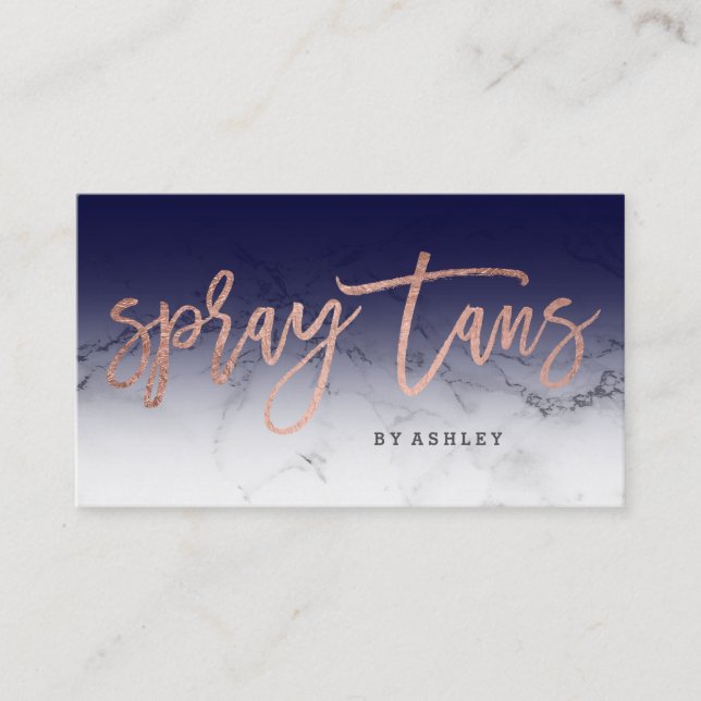Spray tans typography white marble navy blue business card (Front)