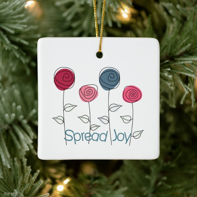 Spread Joy Pink Blue Flowers Ceramic Ornament (Tree)