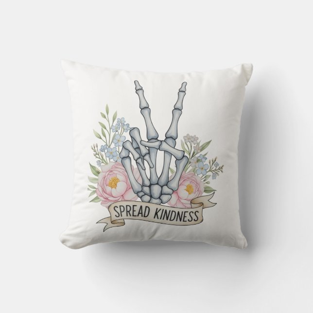 "Spread Kindness" Skeleton Peace Sign – Watercolor Cushion (Front)