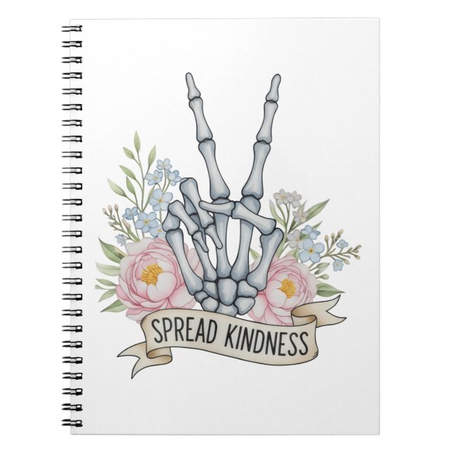 "Spread Kindness" Skeleton Peace Sign – Watercolor Notebook (Front)