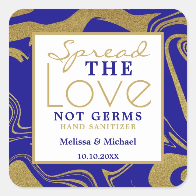 Spread Love Blue And Gold Wedding Hand Sanitizer Square Sticker (Front)