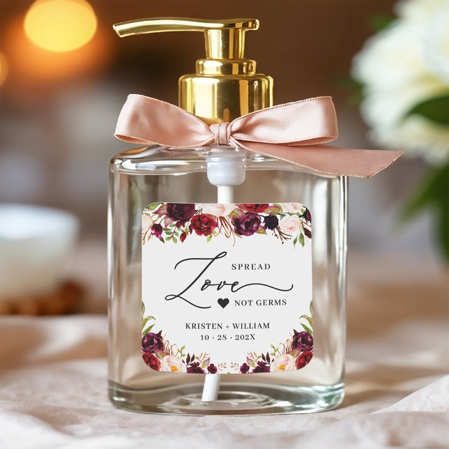 Spread Love Burgundy Red Floral Wedding Sanitizer Square Sticker (Creator Uploaded)