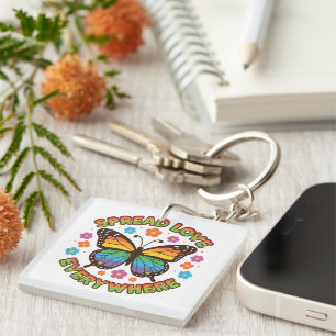Spread Love Everywhere – Rainbow Butterfly Quote – Key Ring