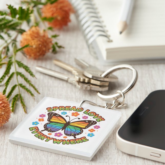 Spread Love Everywhere – Rainbow Butterfly Quote – Key Ring (Front Right)