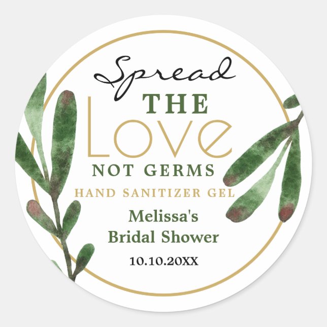 Spread Love Greenery Bridal Shower Sanitizer Favou Classic Round Sticker (Front)