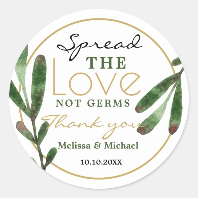 Spread Love Greenery Sanitizer Wedding Thank You Classic Round Sticker (Front)