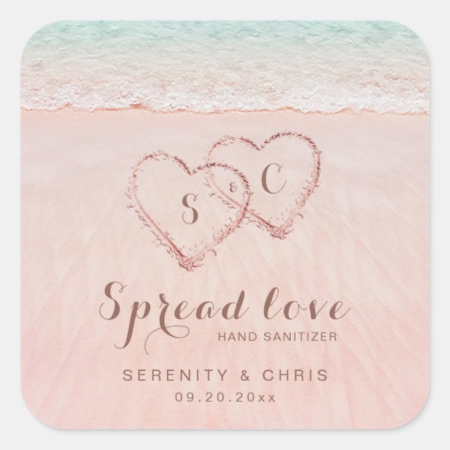 Spread Love Hearts in the sand beach wedding favou Square Sticker (Front)