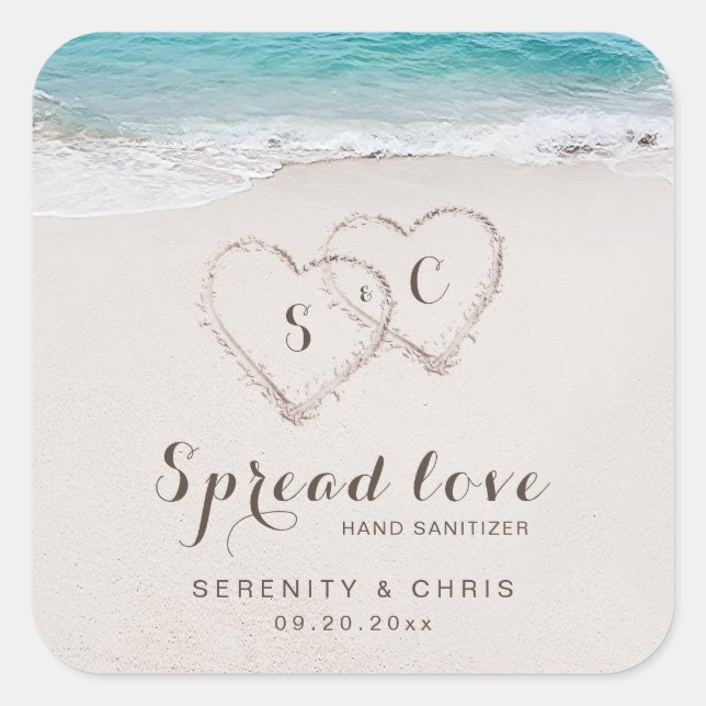 Spread Love Hearts in the sand beach wedding favou Square Sticker (Front)