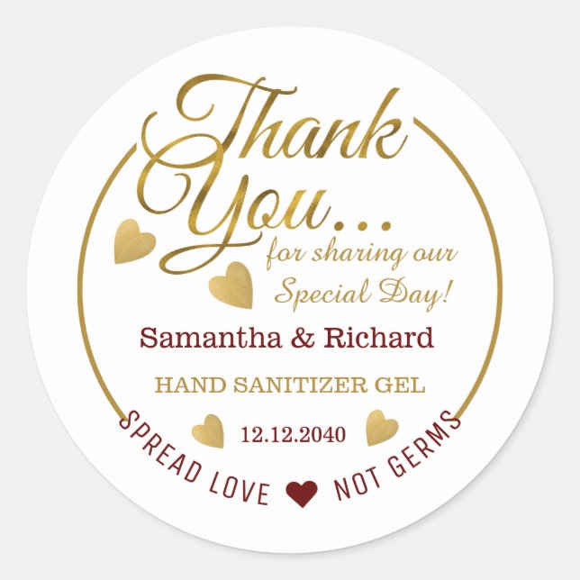 Spread Love Maroon Gold Thank You Sanitizer Favour Classic Round Sticker (Front)
