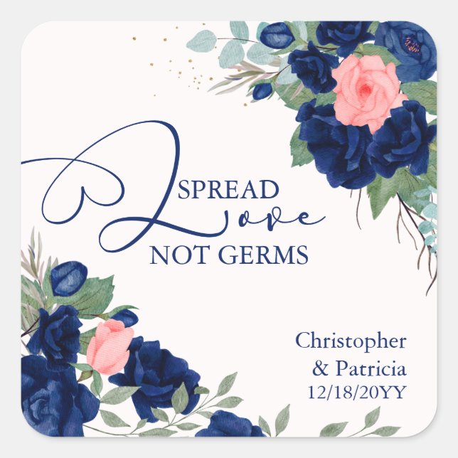 Spread Love not Germs Blue and Coral Roses Square Sticker (Front)