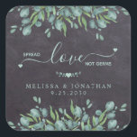 Spread Love Not Germs Rustic Eucalyptus Wedding Square Sticker<br><div class="desc">Spread Love Not Germs Wedding Favour Sticker ! Add a sense of safety and comfort to your wedding while keeping guests comfortable. These rustic chalkboard eucalyptus greenery hand sanitizer stickers are simple yet elegant. COPYRIGHT © 2020 Judy Burrows, Black Dog Art - All Rights Reserved. Spread Love Not Germs Rustic...</div>