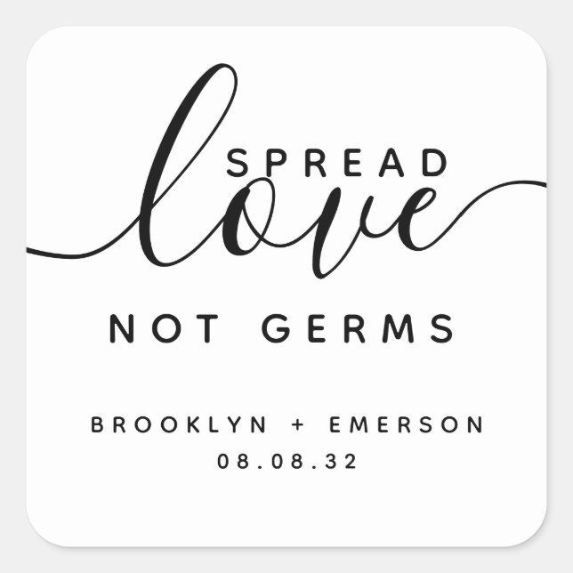 Spread Love Not Germs Wedding Hand Sanitizer Square Sticker (Front)