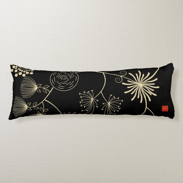 `Spread of Love` Golden Black Abstract Flowers Body Cushion (Front)