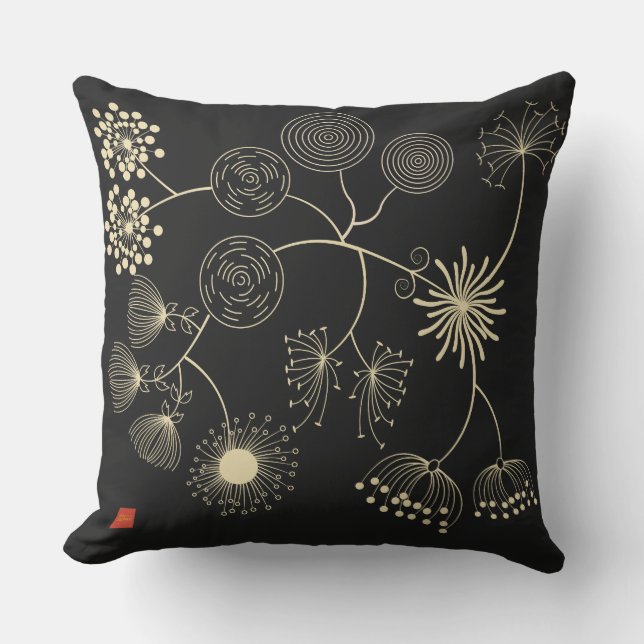 `Spread of Love` Golden Black Abstract Flowers Cushion (Front)