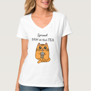 Spread Positivity Kawaii Cat and Bubble Tea Pun T-Shirt