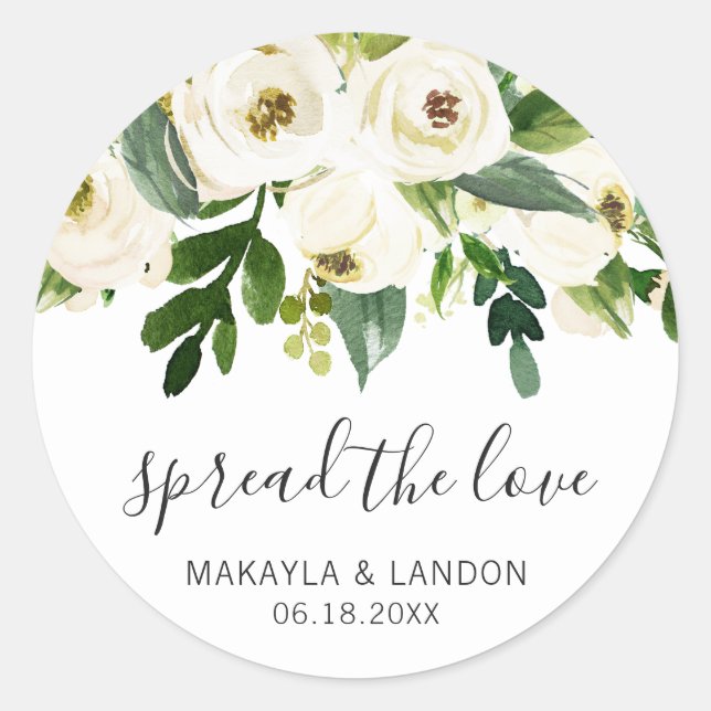 Spread The Love Elegant White Floral Wedding Favou Classic Round Sticker (Front)