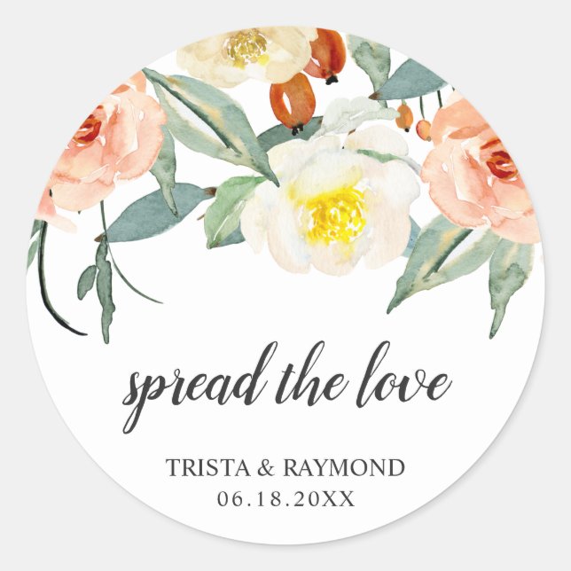 Spread the Love Peach Floral Wedding Favour Classic Round Sticker (Front)