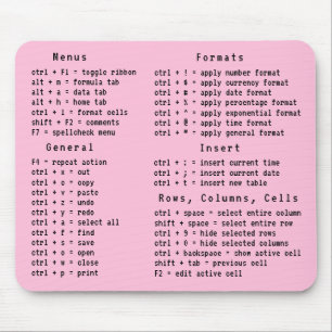 Spreadsheet Office Keyboard Shortcut Pink Mouse Mat